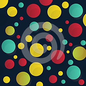 Abstract yellow, red, green black dots pattern with lines on dark blue background