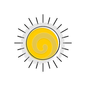 Abstract yellow sun thin line icon with rays isolated on white background.