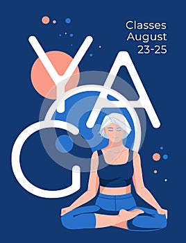 Abstract yoga asanas poster with elderly woman with gray hair.