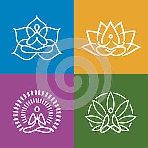 Abstract yoga logos set. Meditation practice and yoga line icons set.