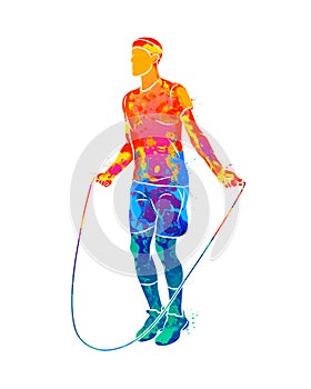 Abstract young athlete jumping rope from splash of watercolors