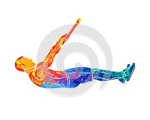 Abstract young man doing abdominal exercise on horizontal bar. Calisthenics workout