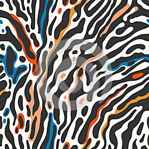 Abstract zebra print in black, orange, and blue. Seamless vector pattern for apparel, textile, wrapping paper, etc.