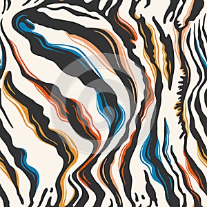 Abstract zebra print in black, orange, and blue. Seamless vector pattern for apparel, textile, wrapping paper, etc.