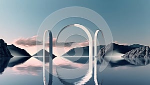 Abstract zen seascape background depicted in 3D rendering with a Nordic surreal scenery featuring geometric mirror arches, serene
