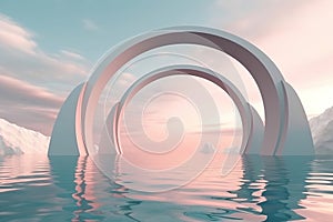 abstract zen seascape background. Nordic surreal scenery with geometric mirror arches, calm water and pastel gradient , Ai