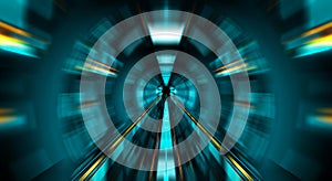 Abstract zoom effect in a blue dark tunnel background with traffic lights