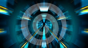 Abstract zoom effect in a blue dark tunnel background with traffic lights