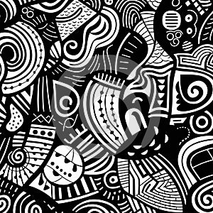 Abstracted Black And White Cartoon Doodles: Mesoamerican Influenced Vector Art