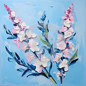 Abstracted Botanical Illustrations: Lavender And Pink Flowers On Blue Canvas
