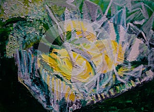 Abstracted oil painting, lemons in square glass bowl, cellophane wrapped