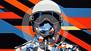 Abstracted Skiing Helmet And Goggles Painting In Vibrant Orange Palette