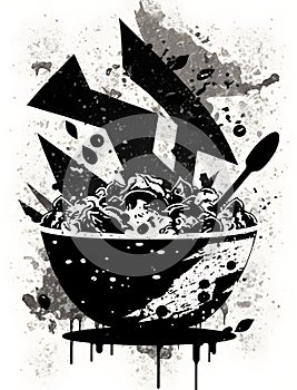 abstracted stencil art black and white illustration of poke salad soup vegan cup bowl