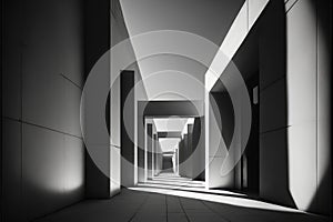 Abstraction of architectural-spatial design with the rhythm of windows, shadows and walls. Corridor without people, B&W, bright