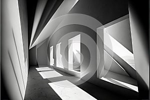 Abstraction of architectural-spatial design with the rhythm of windows, shadows and walls. Corridor without people, B&W, bright