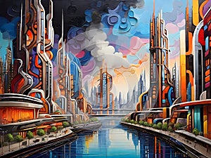 An abstraction art of a modern city with high technology made by the fire, painting, sketch, colorful, abstract, imagination