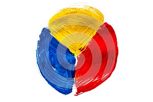 Abstraction for a background, drawing blue, red and yellow paint on a white isolated background, on the whole frame. Itten circle