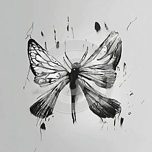 abstraction, black and white drawing, butterfly drawn in black pencil