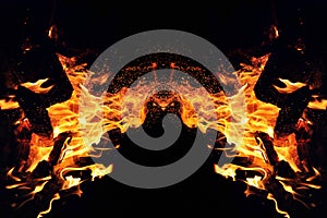 Abstraction, burning fire with sparks. Mystical type of butterfly or monster. Horizontal reflection