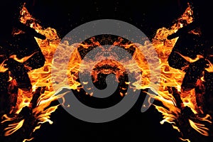 Abstraction, burning fire with sparks. Mystical type of butterfly or monster. Horizontal reflection