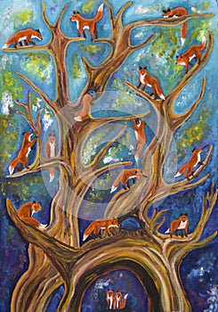 Abstraction drawing acrylic foxes on a tree fantasy dream fairytale