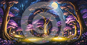 abstraction of a fantastic forest at night, trees, forest lanterns, moon, AI generate