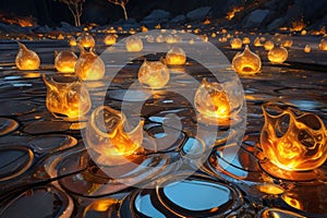 abstraction of molten glass flows over stones, AI generation