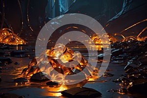 abstraction of molten glass flows over stones background, AI generation