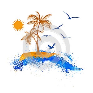 Abstraction palm trees sea sun. Hello summer. Vector illustration