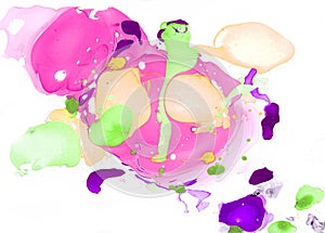 Abstraction. Pink, green, ocher, purple chaotic spots on a white background.