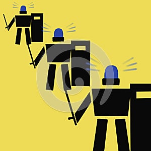 Abstraction. Schematic illustration of police officers in riot gear to disperse the demonstration on a yellow background.