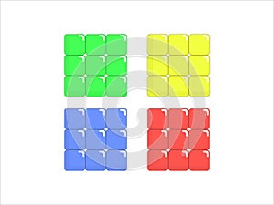 Abstraction of shapes from squares of different colors on a white background.