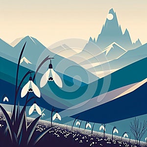 Abstractionism. Minimalism.Spring in the mountains. Snowdrop in the mountains.