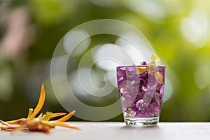 Abstractive organic close up glass of purple colour of flowers