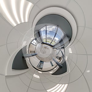 abstractly twisted into a spherical 360 panorama interior of a modern office with a hall staircase and panoramic windows