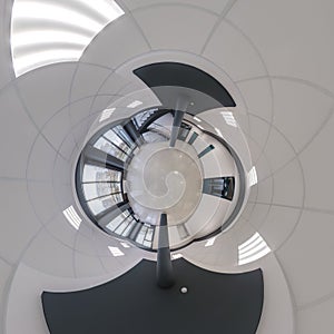 abstractly twisted into a spherical 360 panorama interior of a modern office with a hall staircase and panoramic windows