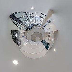 abstractly twisted into a spherical 360 panorama interior of a modern office with a hall staircase and panoramic windows