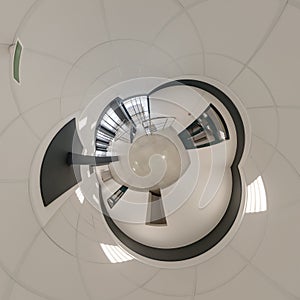 abstractly twisted into a spherical 360 panorama interior of a modern office with a hall staircase and panoramic windows