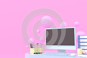 Abstractof laptop computer mock up pink color background. 3d render photo