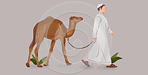 Islamic man walking and holding qurban animals photo