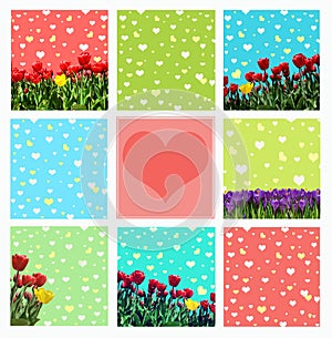Abstrakt background with tulips and crocuses for greeting with a