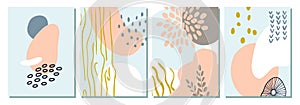 Abstrast shape and floral, modern wall art poster set. Hand drawn lines and organic shape graphic print. Abstract Plant