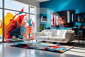 Abstraxt of ineterior design of a room with white sofa and and colorful paints and 3D rendor photo