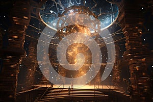 Absurd postapocalyptic library where ancient