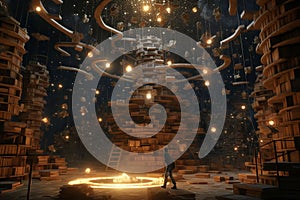 Absurd postapocalyptic library where ancient