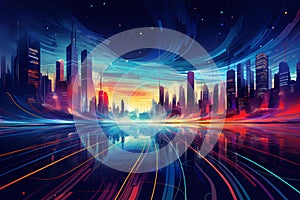 Abtract colorful futuristic night cityscape background with neon glowing lights. Generative ai