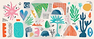 Abtract doodle shapes. Scribble graphic elements with trendy textures. Kit geometric and organic illustration for