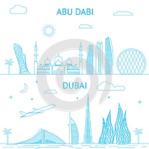 Abu Dhabi and Dubai skyline illustration in lines