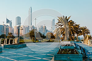 Abu Dhabi Skyline from Corniche. Abu Dhabi, Modern Skyscrapers and Landmark. Promenade in Abu Dhabi. United Arab Emirates, Middle