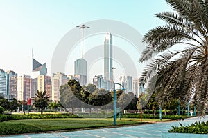 Abu Dhabi Skyline from Corniche. Abu Dhabi, Modern Skyscrapers and Landmark. Promenade in Abu Dhabi. United Arab Emirates, Middle